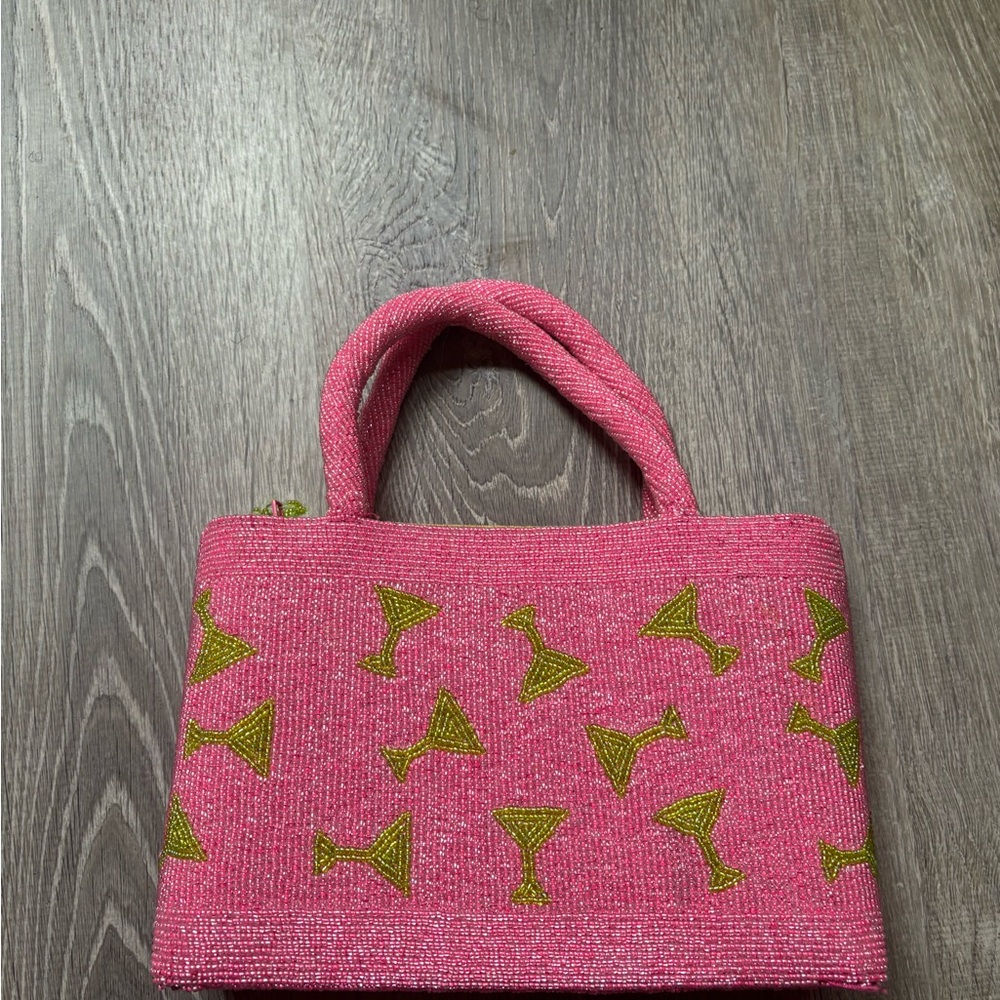 Pink Beaded Cocktail Motif Top-Handle Bag